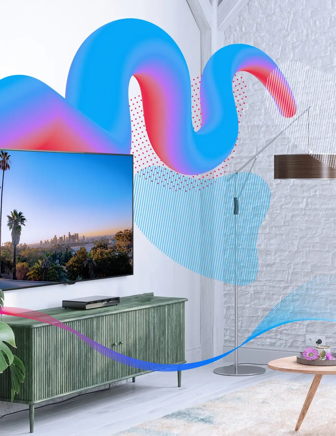 Image of a TV in a living room surrounded by abstract elements